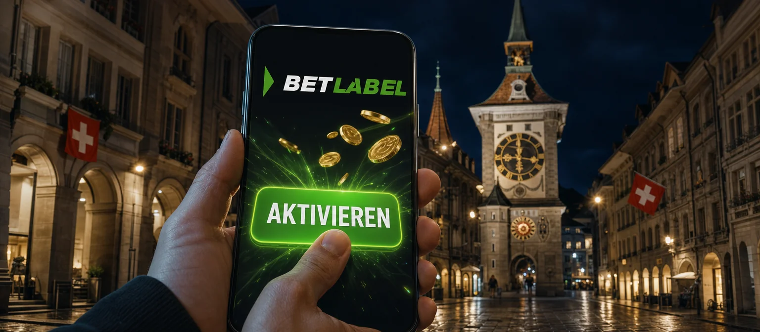 Daumen drückt die grüne Taste AKTIVIEREN auf einem Handy mit BetLabel-Logo, dahinter der Zytglogge-Turm in der Berner Altstadt bei Nacht