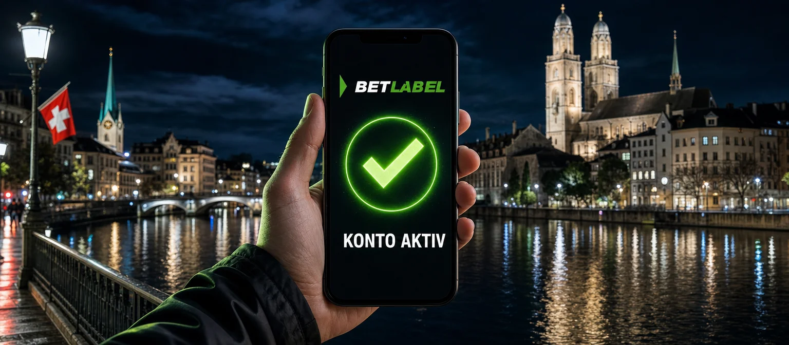 Hand mit Handy an der Zürcher Seepromenade bei Nacht: BetLabel-Logo, grünes Häkchen und der Text KONTO AKTIV
