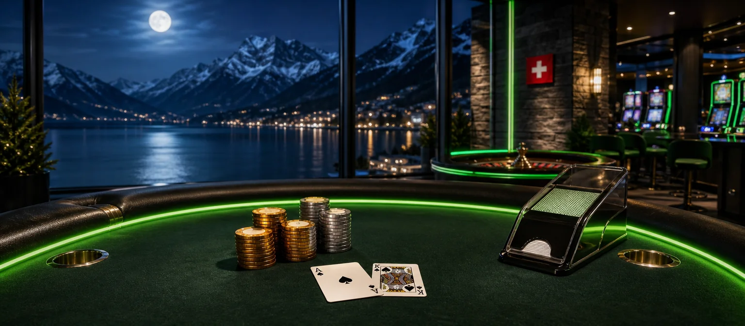 Blackjack-Tisch mit Karten und Chips in einem Casino mit Panoramafenstern auf einen nächtlichen Bergsee