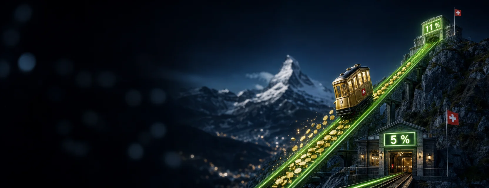 Goldene Standseilbahn fährt auf einer leuchtenden Schiene bergauf, unten ein Schild 5 %, oben ein Schild 11 %