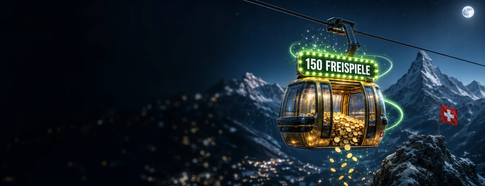 Goldene Seilbahngondel voller Goldmünzen vor verschneiten Gipfeln, auf dem Dach die Leuchtschrift 150 FREISPIELE