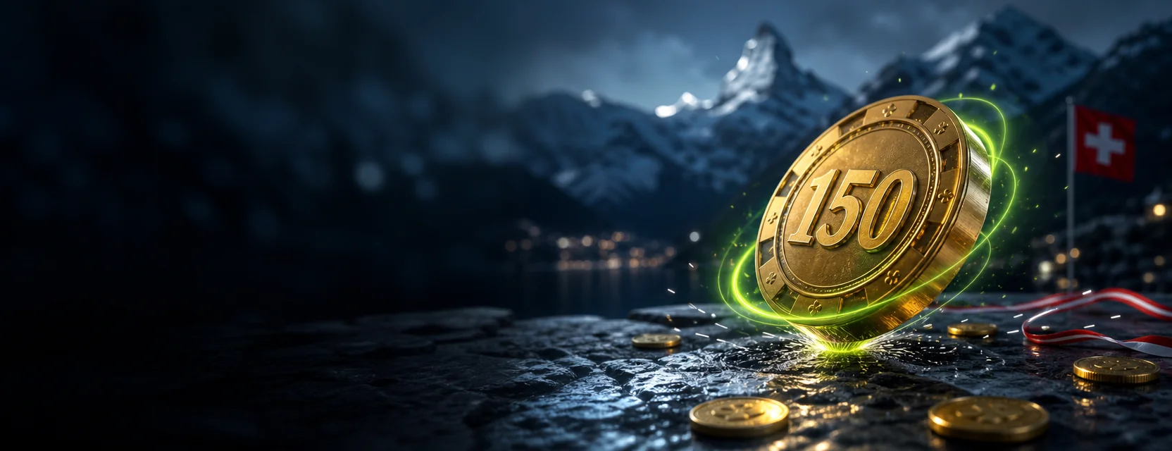 Goldener Casino-Chip dreht sich wie ein Kreisel auf dunklem Stein, geprägt mit der Zahl 150