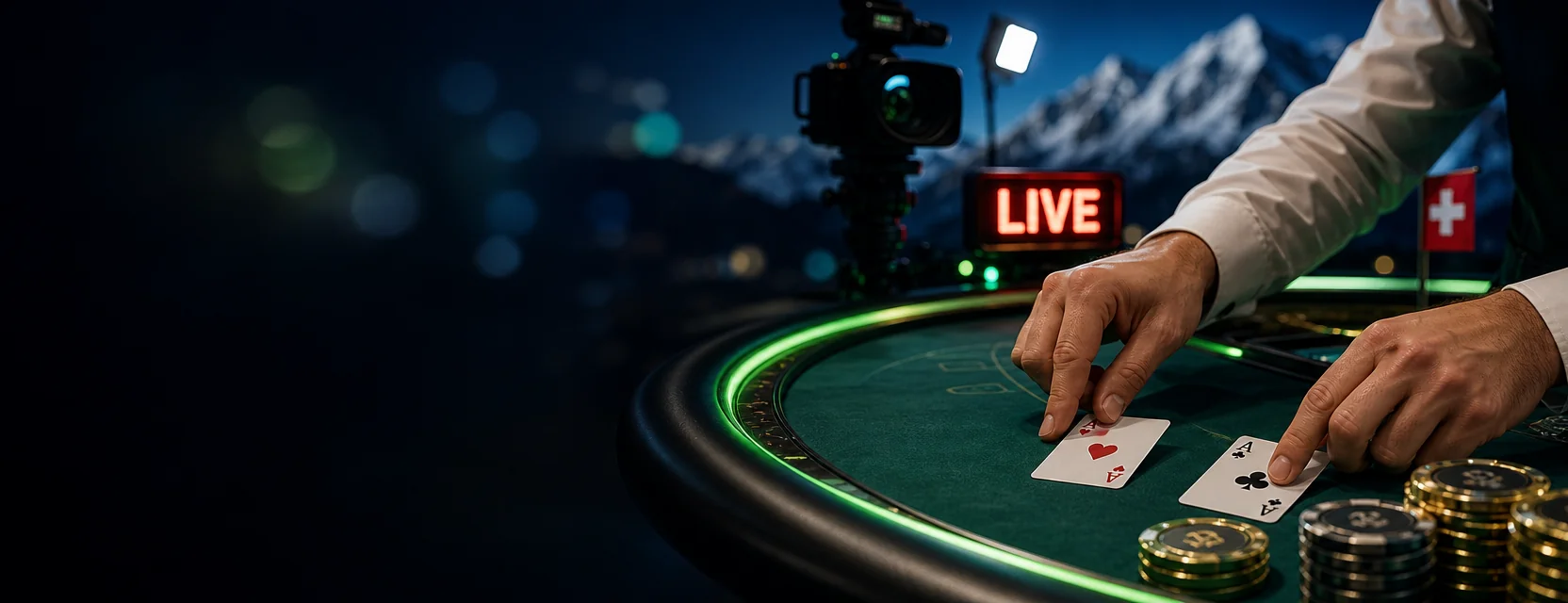 Hände eines Dealers teilen Karten auf grünem Filz in einem Live-Studio mit rotem LIVE-Zeichen