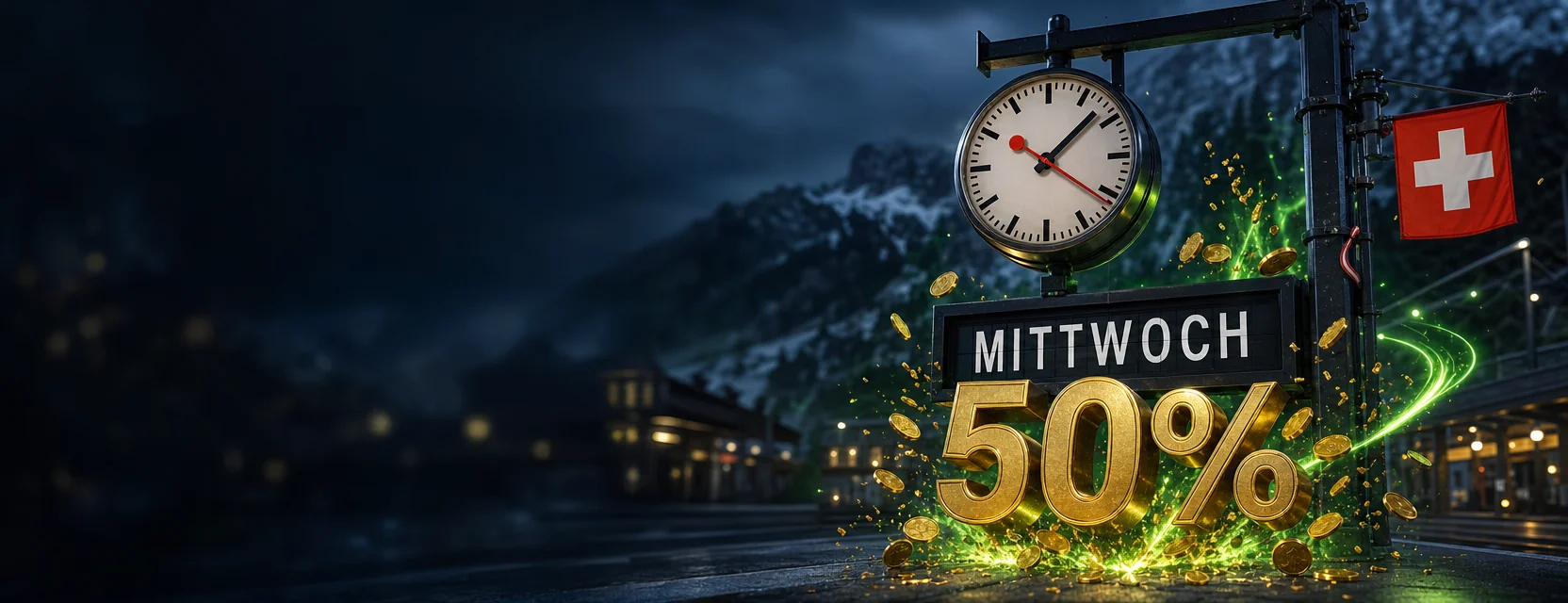 Klassische Bahnhofsuhr mit rotem Sekundenzeiger über einer Anzeigetafel mit dem Wort MITTWOCH, daraus springt ein goldenes 50 %