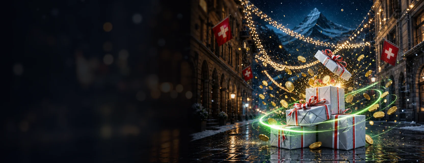 Festlich beleuchtete Einkaufsstrasse mit Lichterketten bei Nacht, im Vordergrund Geschenkboxen mit rot-weissen Bändern und Goldmünzen