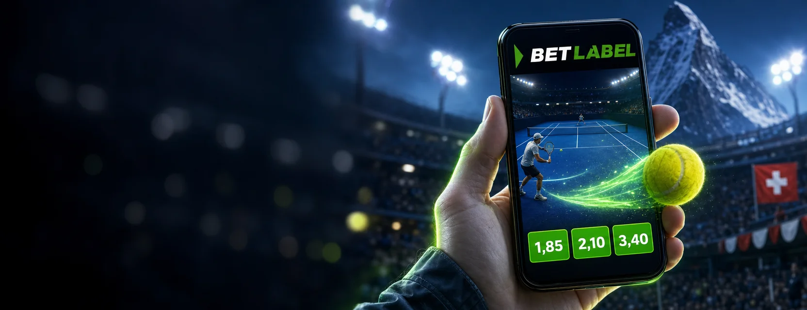 Hand mit Handy und BetLabel App: ein Tennismatch live und drei grüne Quotentasten, ein Tennisball fliegt aus dem Bildschirm